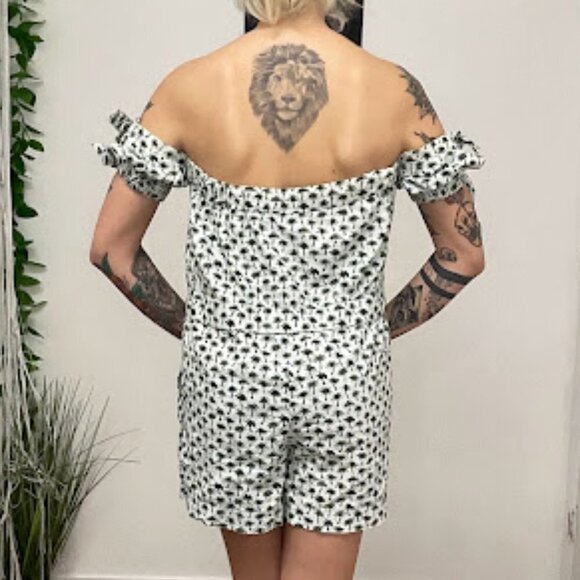 Milly Off the Shoulder Palm Tree Zoey Romper Elastic Waist Size 0 Green/White - Picture 10 of 12